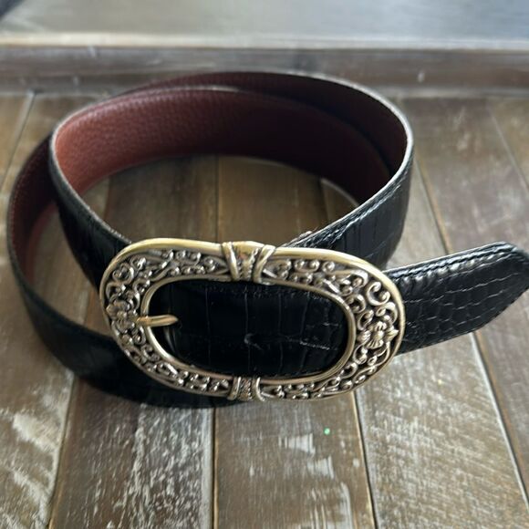 Croc Embossed Black Leather Belt Oval Ornate Silver Tone Buckle Women’s Size XL - Picture 1 of 12